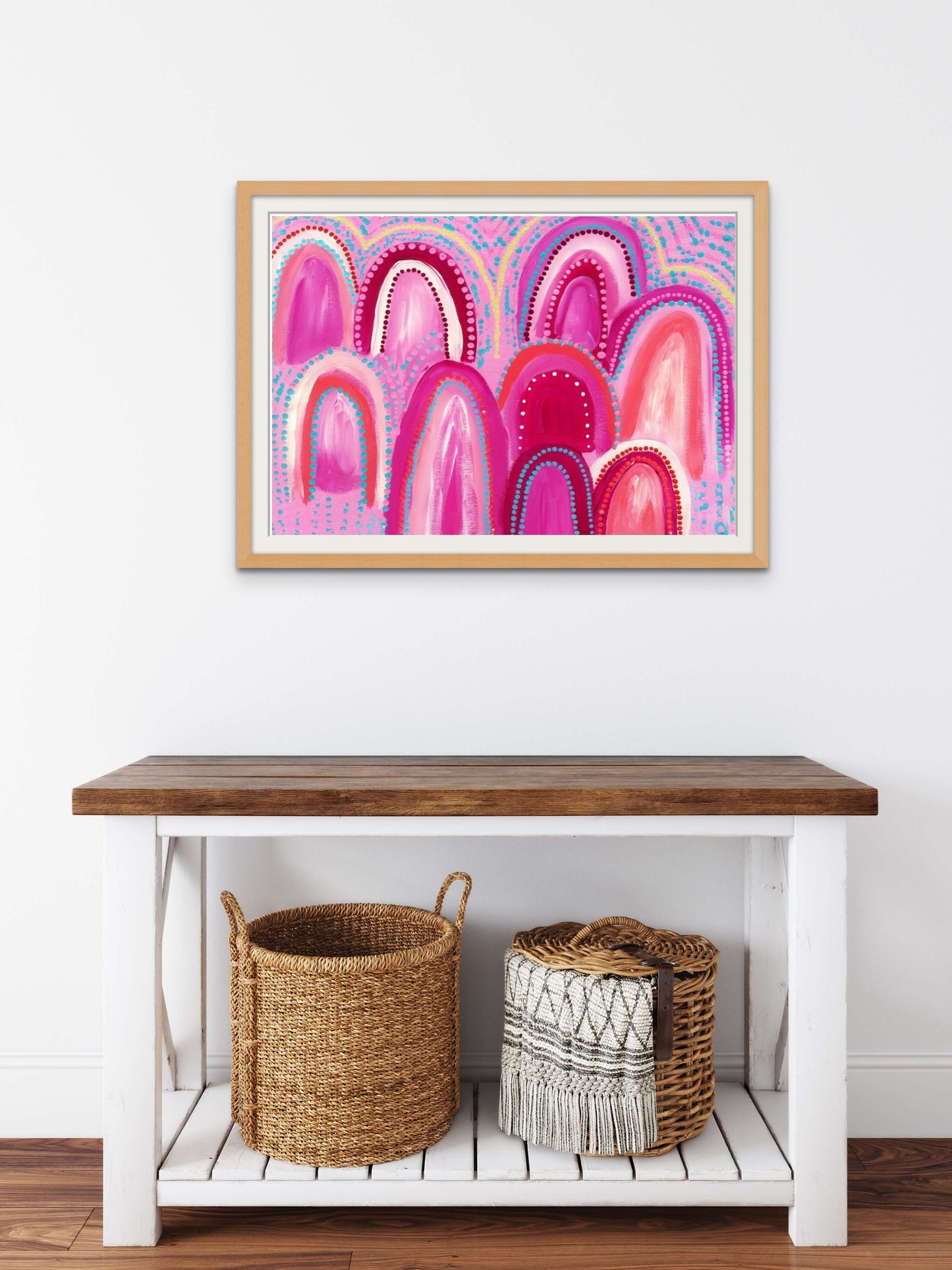 Framed Pink Mountains Print in Oak Wood