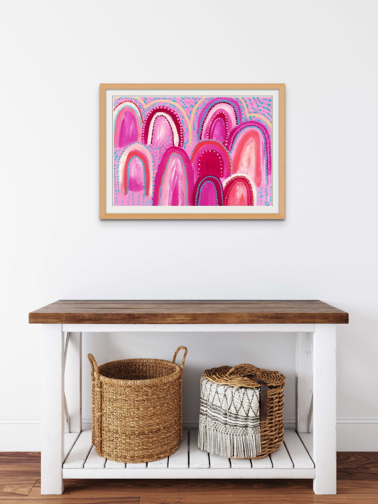 Framed Pink Mountains Print in Oak Wood