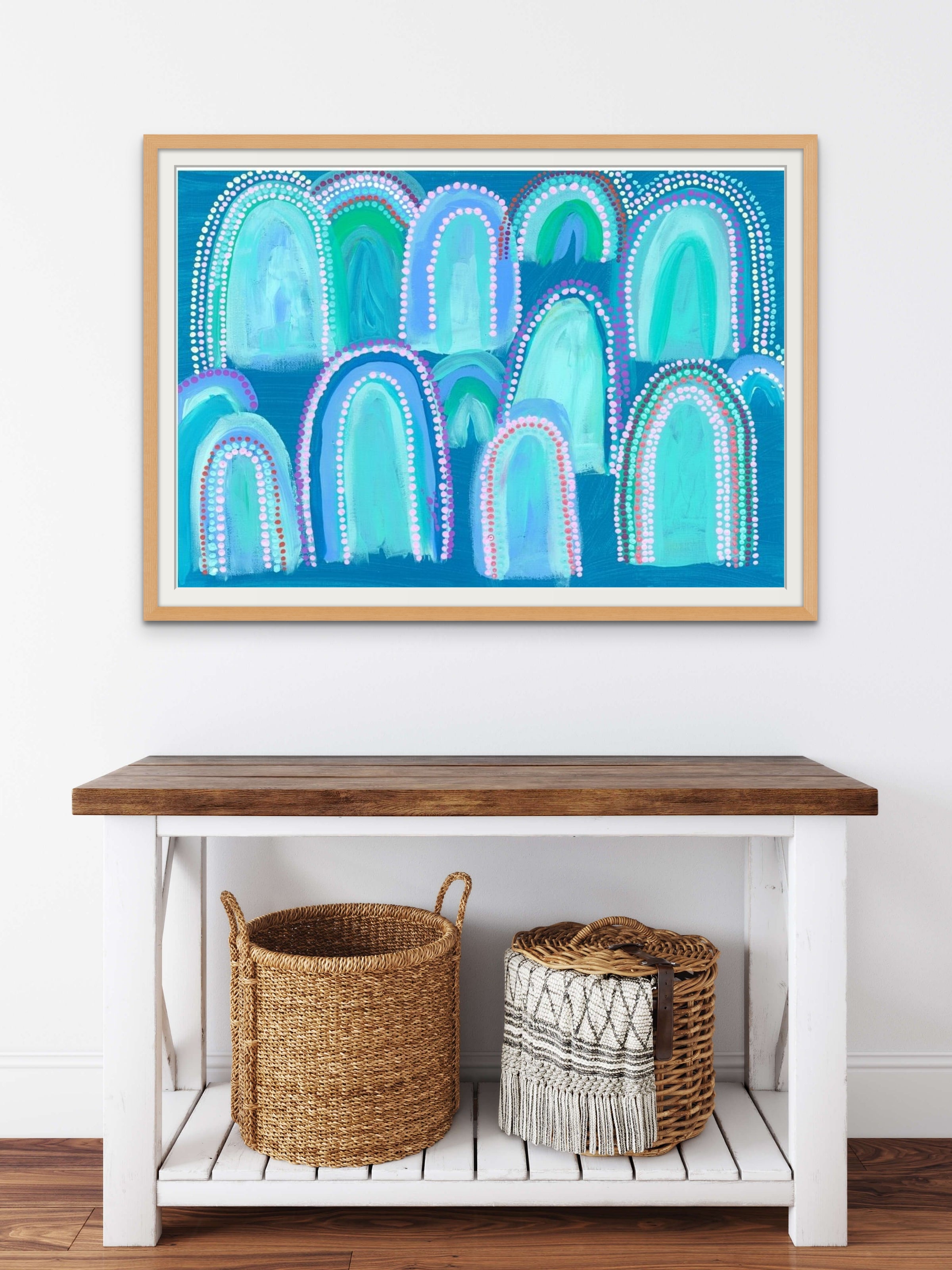 Framed Blue Mountains Print in Oak Wood